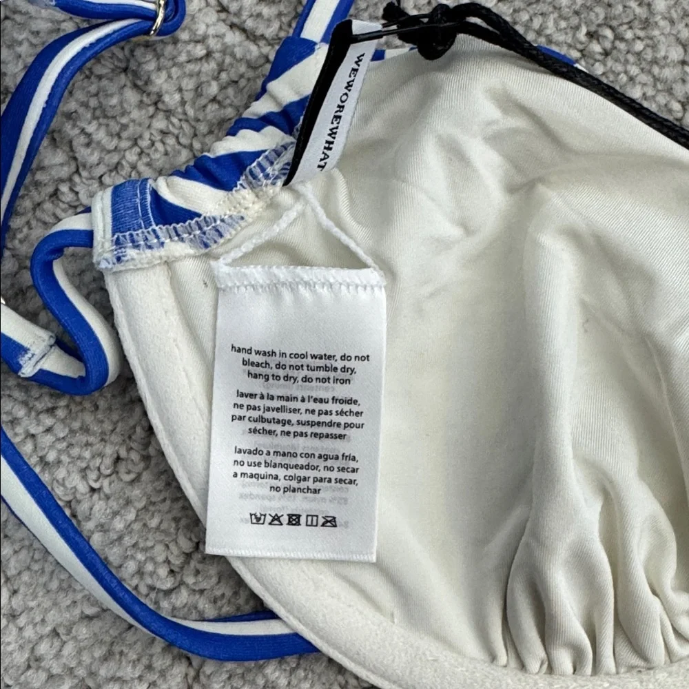 NWT WeWoreWhat Ruched underwire top coastal blue offwhite micro stripe
